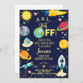 宇宙の暗黙の男の子の誕生日の招待状。 招待状 (正面/裏面)