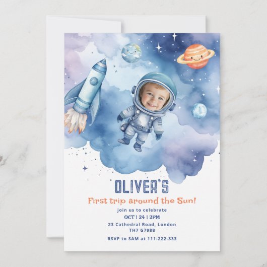 宇宙の最初ののまわりに旅の日写真 招待状 (正面)