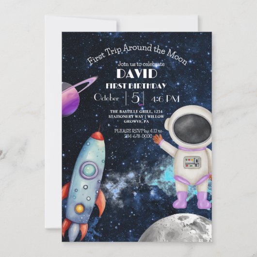 宇宙の最初ののまわりに旅行ザ・ムーンの最初の誕生日 招待状 (正面)
