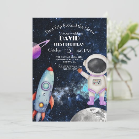 宇宙の最初ののまわりに旅行ザ・ムーンの最初の誕生日 招待状 (スタンド正面)