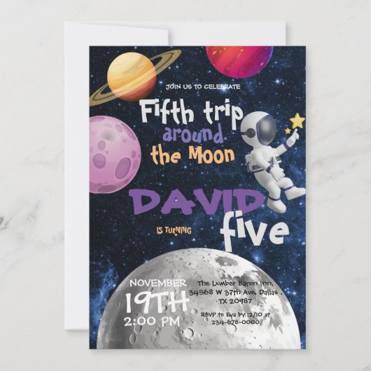 宇宙の最初ののまわりに旅行ザ・ムーンの最初の誕生日 招待状 (正面)