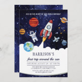 宇宙の最初の旅のまわりに太陽誕生日 招待状 (正面/裏面)