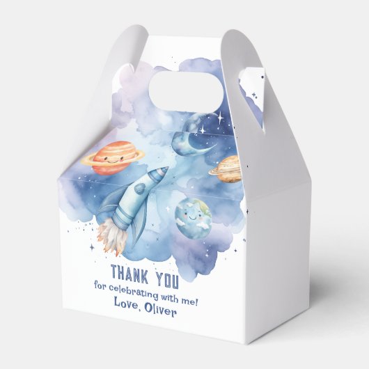 宇宙の最初の旅のまわりに日男の子の誕生日 フェイバーボックス (正面サイド)