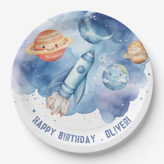 宇宙の最初の旅のまわりに日男の子の誕生日 ペーパープレート (正面)