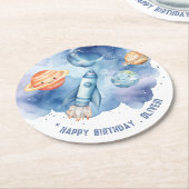 宇宙の最初の旅のまわりに日男の子の誕生日 ラウンドペーパーコースター (アングル)
