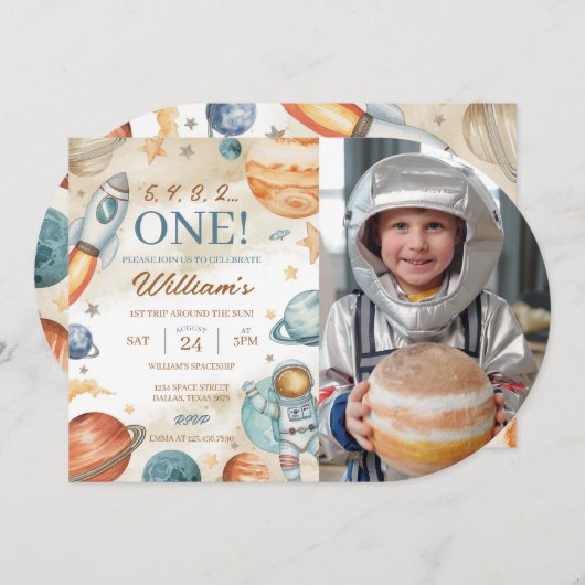 宇宙の最初の誕生日フォト 招待状 (正面/裏面)
