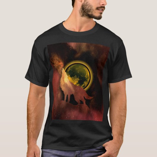 宇宙の月銀河で吠えるオオカミ Tシャツ (正面)
