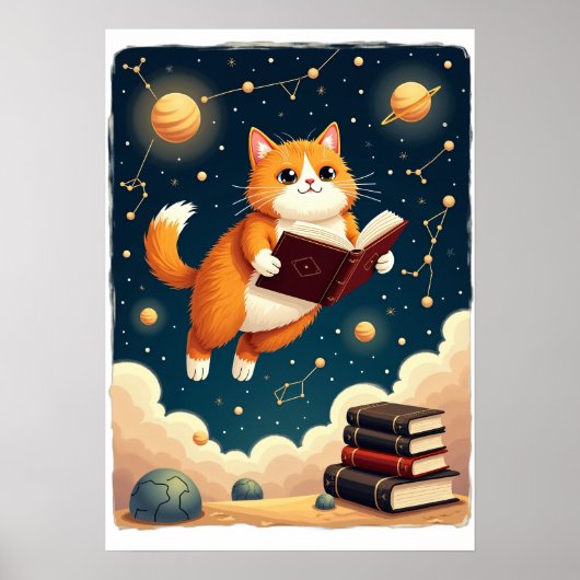 宇宙の本の虫ネコ宇宙読書ステッカーTシャツ ポスター (正面)
