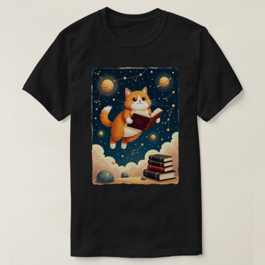 宇宙の本の虫猫宇宙読書ステッカーTシャツ Tシャツ (デザイン正面)