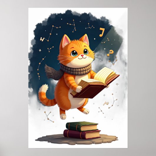 宇宙の本の虫猫、スペースで読書する面白い本 ポスター (正面)