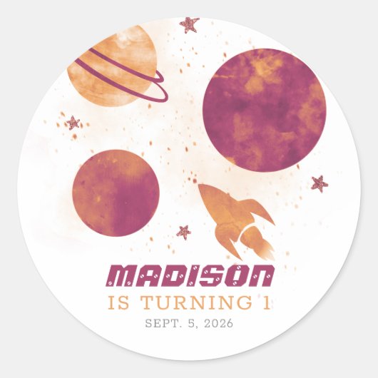 宇宙の水の色の惑星ガール1st誕生日 ラウンドシール (正面)