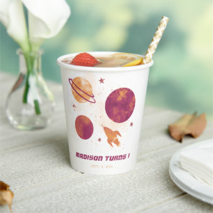 宇宙の水の色の惑星ガール1st誕生日 紙コップ