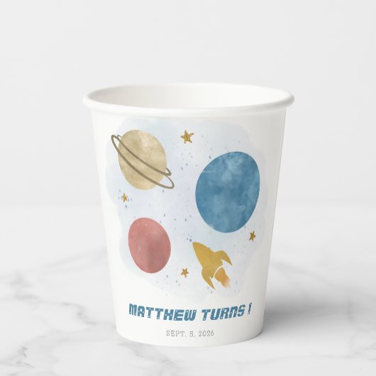 宇宙の水の色の惑星ボーイ第1の誕生日 紙コップ (裏面)
