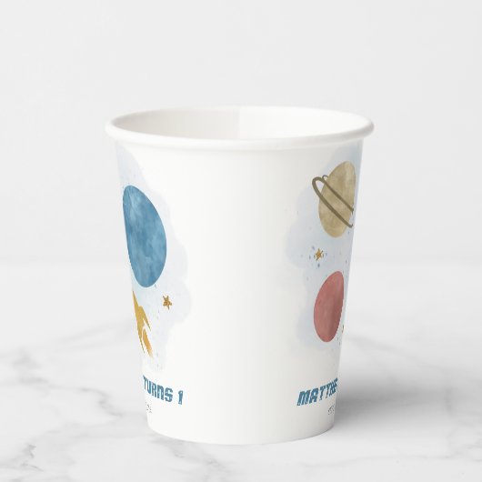 宇宙の水の色の惑星ボーイ第1の誕生日 紙コップ (左)