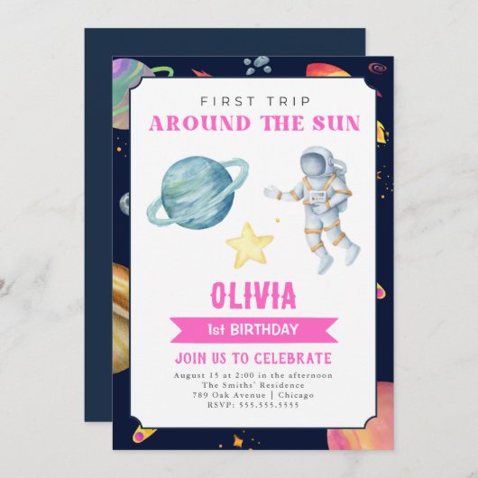 宇宙の水の色の最初の誕生日ガールズ 招待状 (正面/裏面)