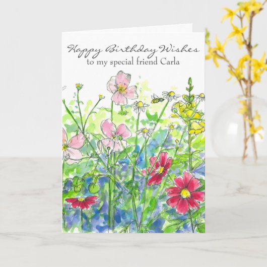 宇宙の水彩画の花のハッピーバースデーの友人 カード (黄色い花)