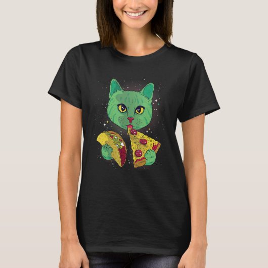 宇宙の猫がピザとタコスを食べる スペース グラフィック Tシャツ (正面)