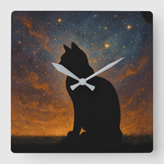 宇宙の猫のシルエット スクエア壁時計 (正面)