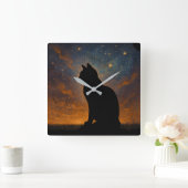 宇宙の猫のシルエット スクエア壁時計 (ホーム)