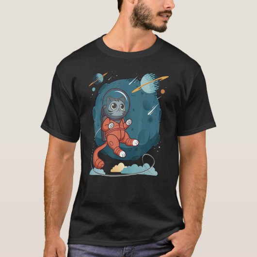 宇宙の猫 ネコ好きのための宇宙柄デザイン4 Tシャツ (正面)