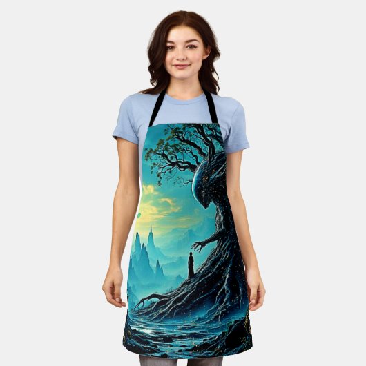 宇宙の生命の木ファンタジー エプロン (着用した状態)