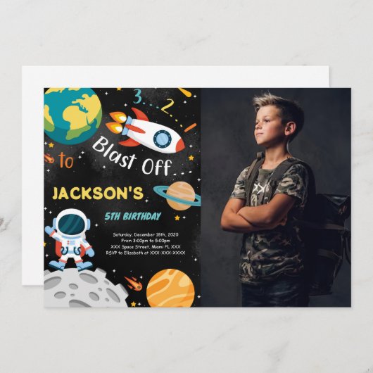 宇宙の男の子の誕生日招待状（写真付き） 招待状 (正面/裏面)