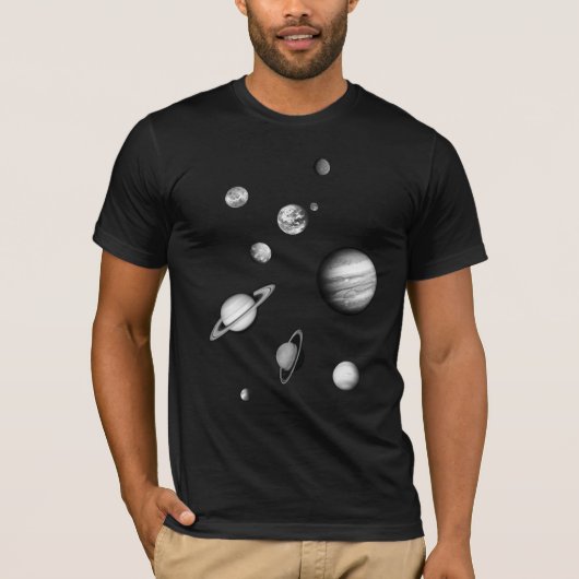 宇宙の白黒太陽系 Tシャツ (正面)