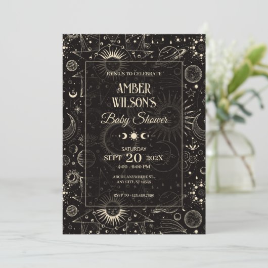 宇宙の神秘的な星占い月の太陽の赤ちゃんシャワー 招待状 (スタンド正面)