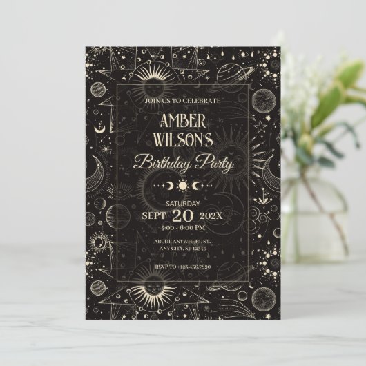 宇宙の神秘的占星術のな月の太陽の誕生日 招待状 (スタンド正面)