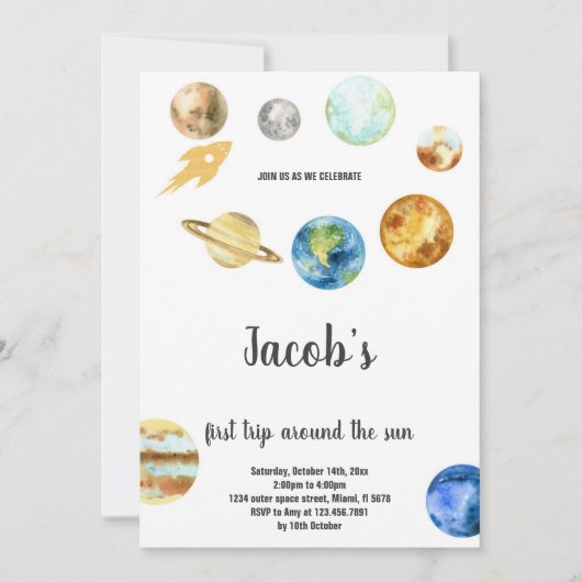 宇宙の第1の誕生日テーマ 招待状 (正面)