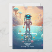 宇宙の第1の誕生日パーティー宇宙飛行士ロケットin 招待状 (正面)