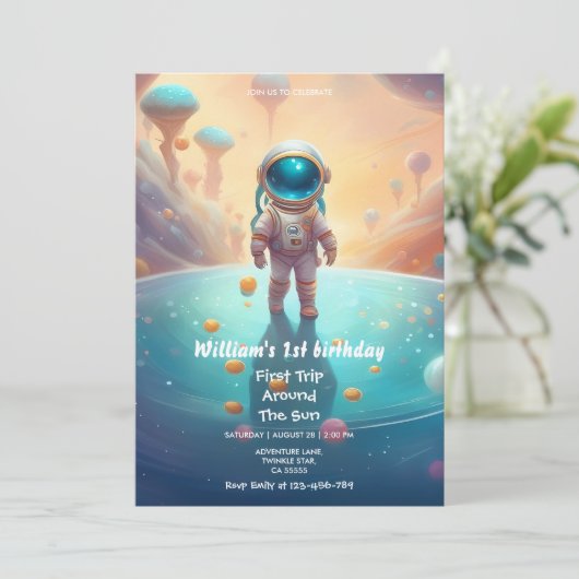 宇宙の第1の誕生日パーティー宇宙飛行士ロケットin 招待状 (スタンド正面)