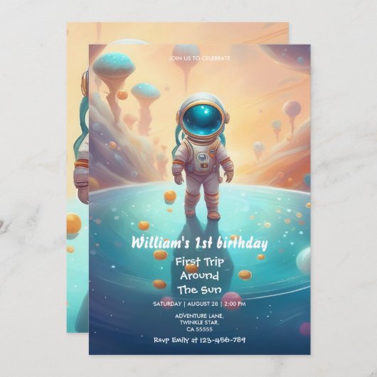 宇宙の第1の誕生日パーティー宇宙飛行士ロケットin 招待状 (正面/裏面)