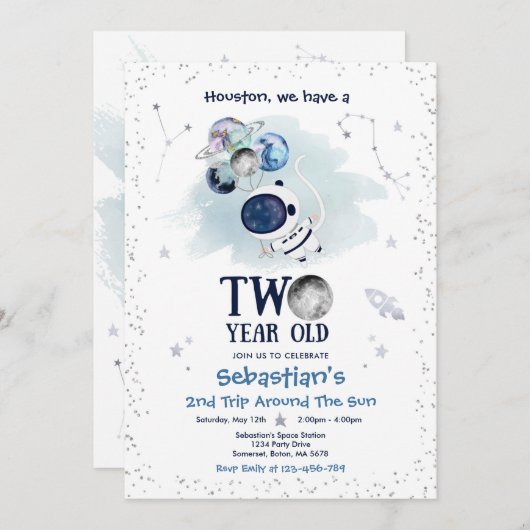 宇宙の第2誕生日パーティーロケット 招待状 (正面/裏面)