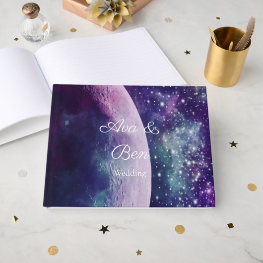 宇宙の紫の銀河の月 結婚式  ゲストブック (正面見開き)