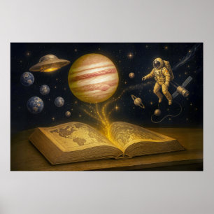 宇宙の絵本から宇宙飛行士が浮かび上がる ポスター