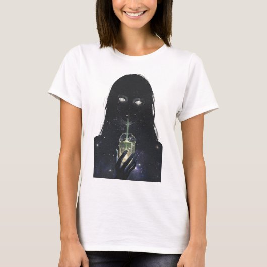 宇宙の虚空の少女がスターダストを飲む Tシャツ (正面)