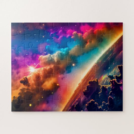宇宙の虹が曇り宇宙空間のシーンで輝く ジグソーパズル (横)