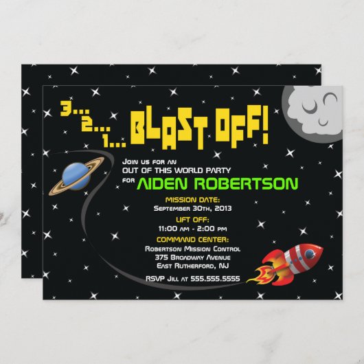 宇宙の誕生日の招待状に発破を掛けて下さい 招待状 (正面/裏面)