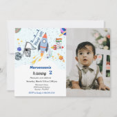 宇宙の誕生日テーマ、旅行テーマ男の赤ちゃん 招待状 (正面)