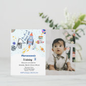 宇宙の誕生日テーマ、旅行テーマ男の赤ちゃん 招待状 (スタンド正面)