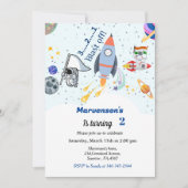 宇宙の誕生日テーマ、旅行テーマ男の赤ちゃん 招待状 (正面)