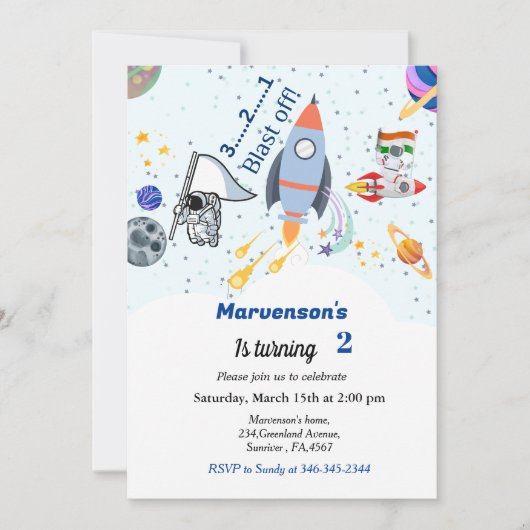 宇宙の誕生日テーマ、旅行テーマ男の赤ちゃん 招待状 (正面)