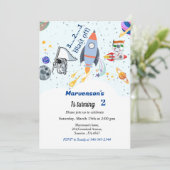 宇宙の誕生日テーマ、旅行テーマ男の赤ちゃん 招待状 (スタンド正面)