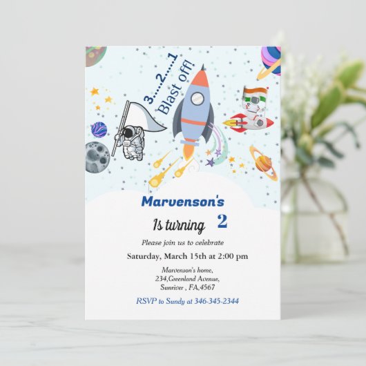 宇宙の誕生日テーマ、旅行テーマ男の赤ちゃん 招待状 (スタンド正面)