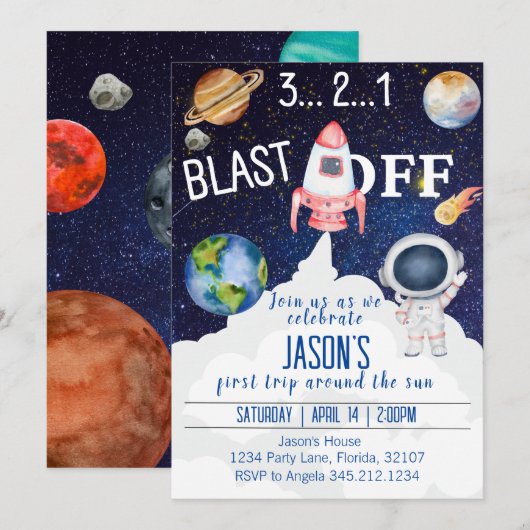 宇宙の誕生日パーティーへの招待状 招待状 (正面/裏面)