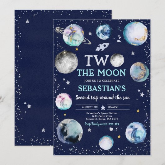 宇宙の誕生日パーティー2 ムーンボーイ2歳の誕生日 招待状 (正面/裏面)
