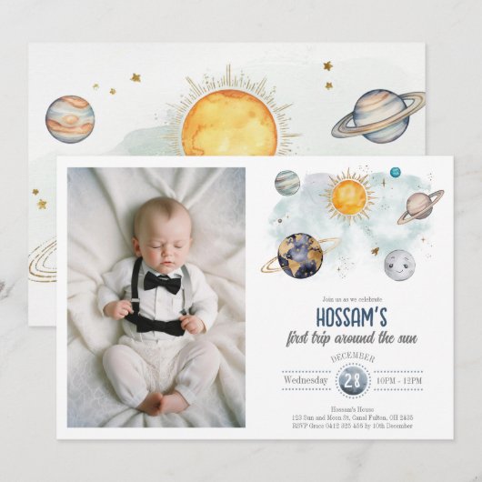 宇宙の誕生日 ギャラクシー 太陽 月 星 惑星 招待状 (正面/裏面)