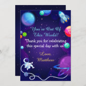 宇宙の赤ちゃんが青い宇宙飛行士の惑星にシャワーを浴びる サンキューカード (正面/裏面)