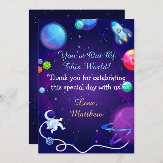 宇宙の赤ちゃんが青い宇宙飛行士の惑星にシャワーを浴びる サンキューカード (正面/裏面)